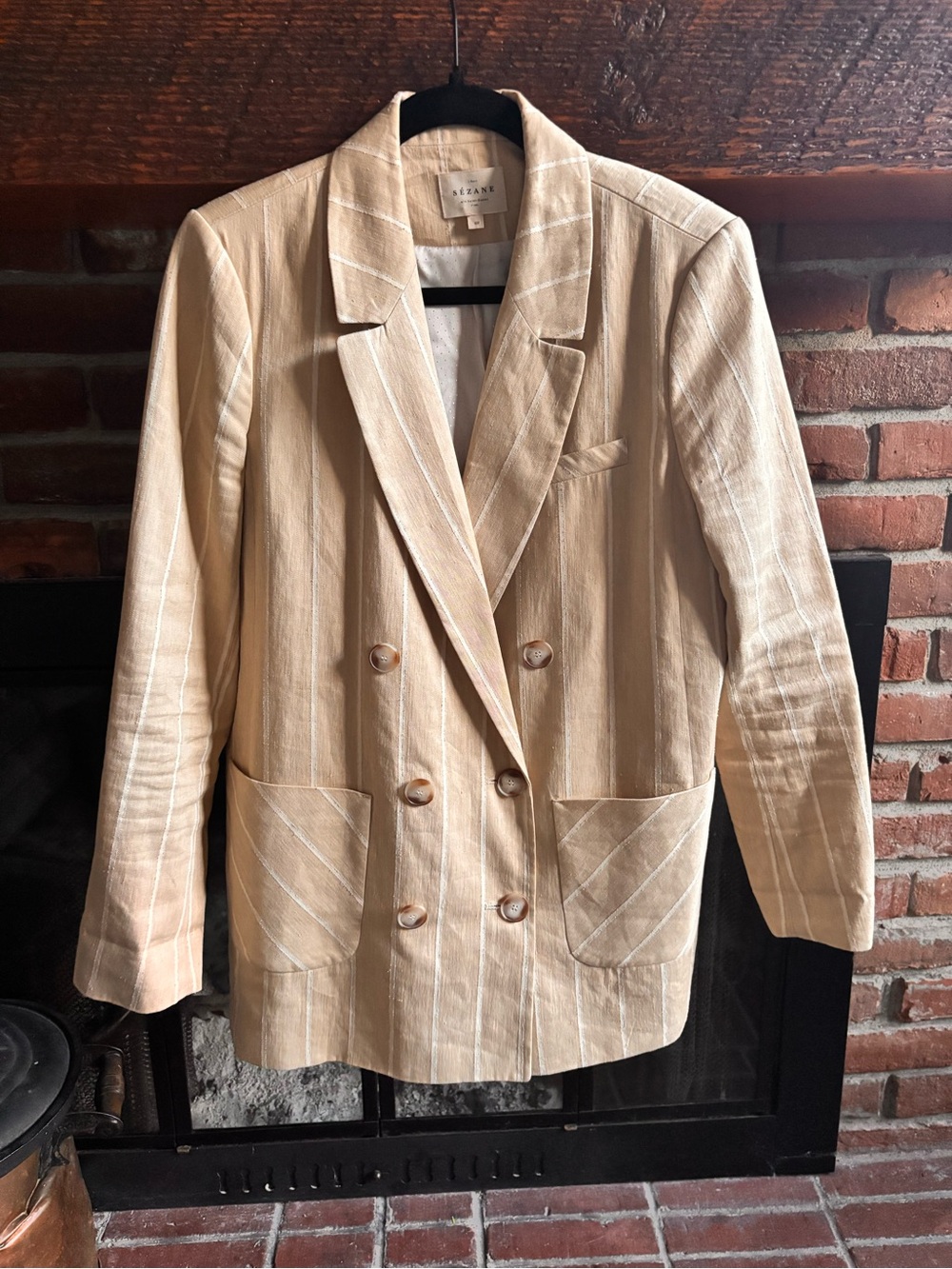 Sézane Michele Double-Breasted Linen Blazer - Beige Stripe - FR 40 / US 8